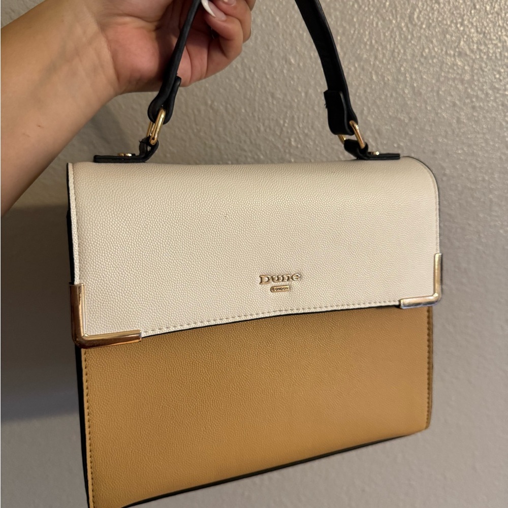 White, Tan and Black Structured Satchel with Flap Closure